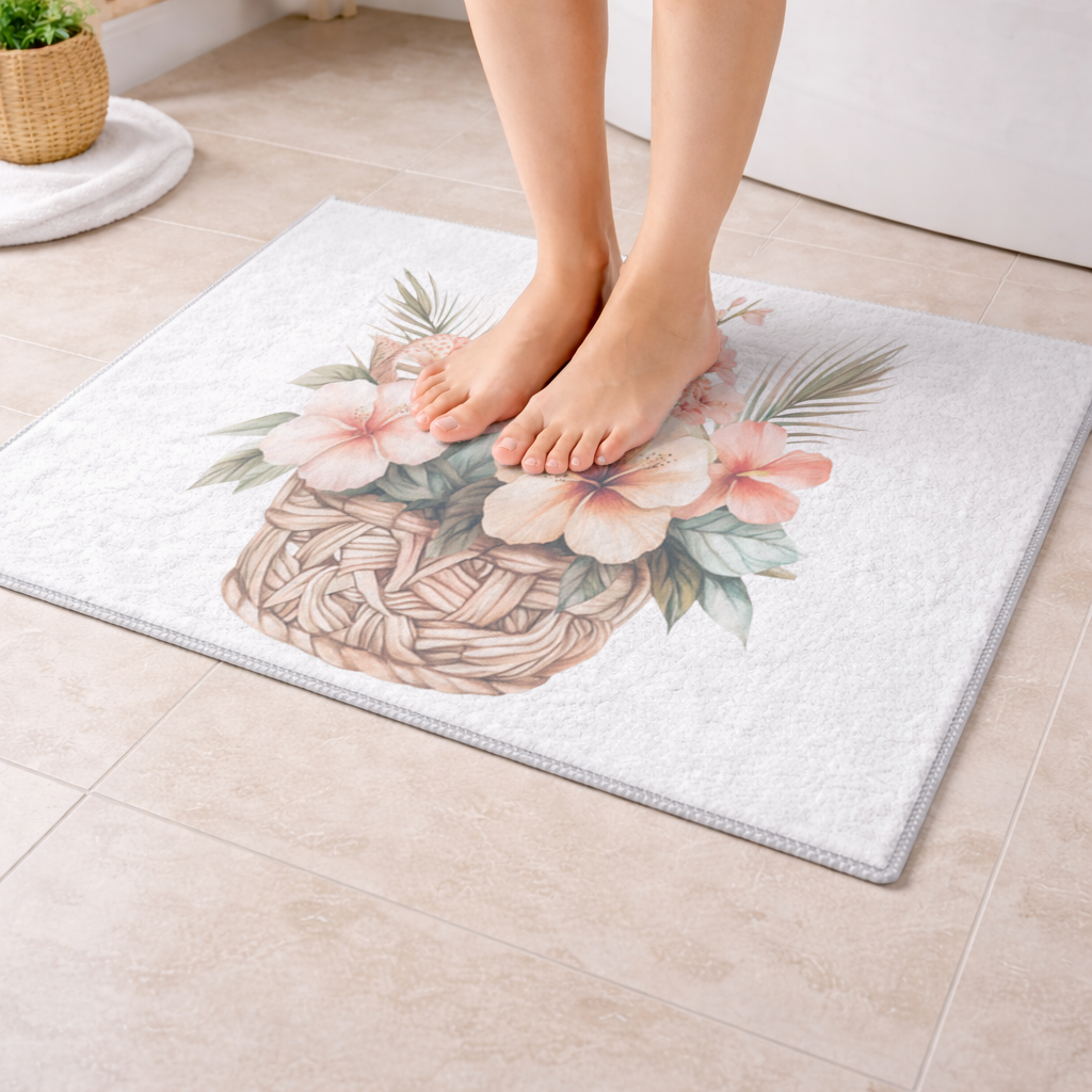 Tropical Hibiscus Flower Woven Basket Bath Mat