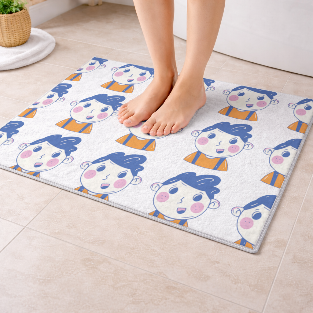 Cute Smiling Boy with Blue Hair Bath Mat