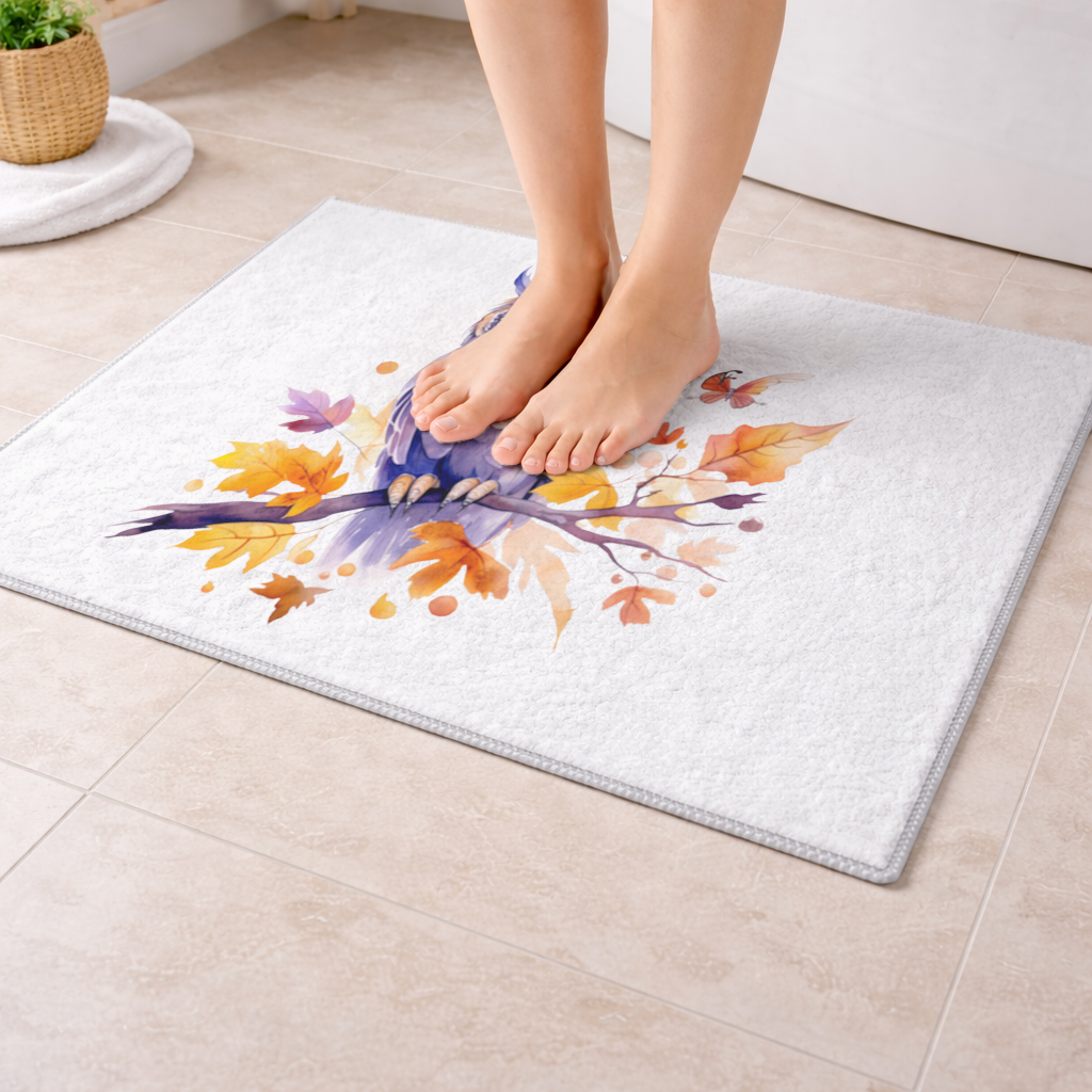 Whimsical Autumn Owl and Butterfly Bath Mat