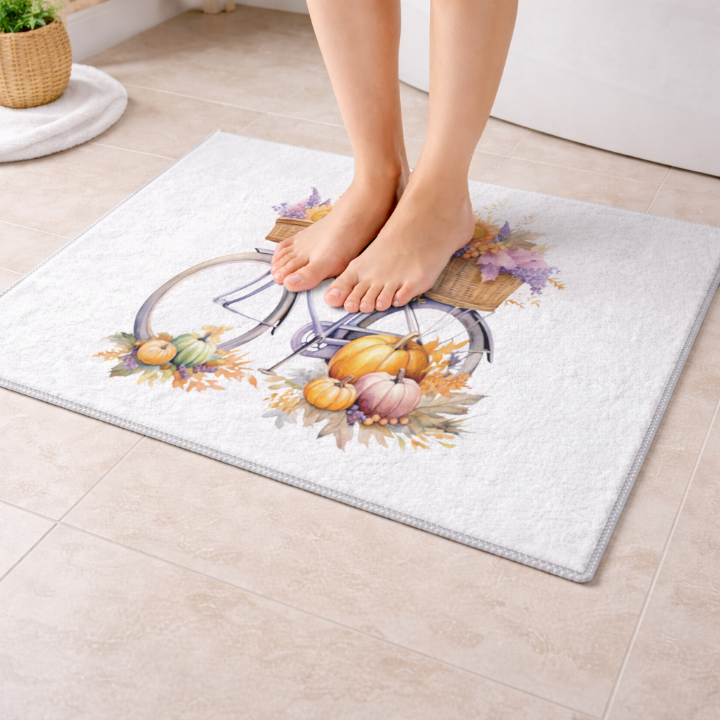 Lavender Autumn Bicycle with Pumpkins Bath Mat