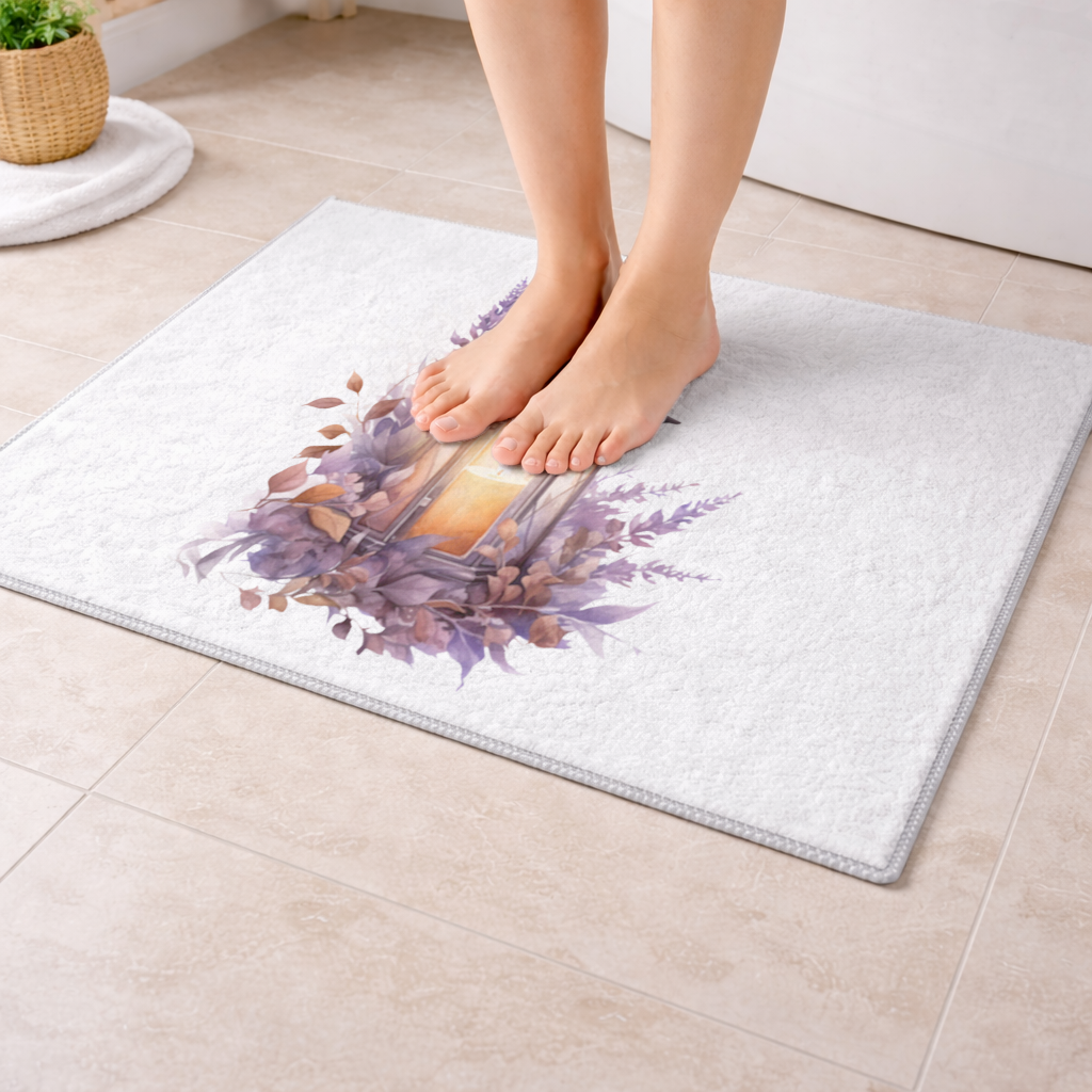 Cottagecore Lavender and Leaves Lantern Bath Mat