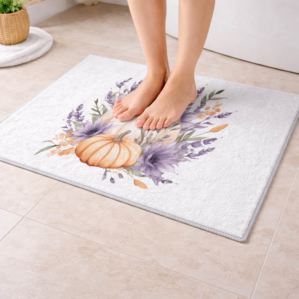Lavender and Pumpkin Autumn Bouquet Bath Mat