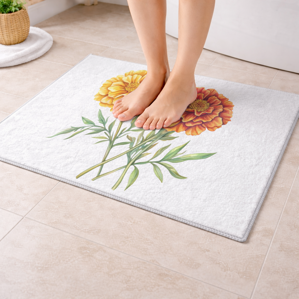 Botanical Yellow Orange Marigold Bath Mat