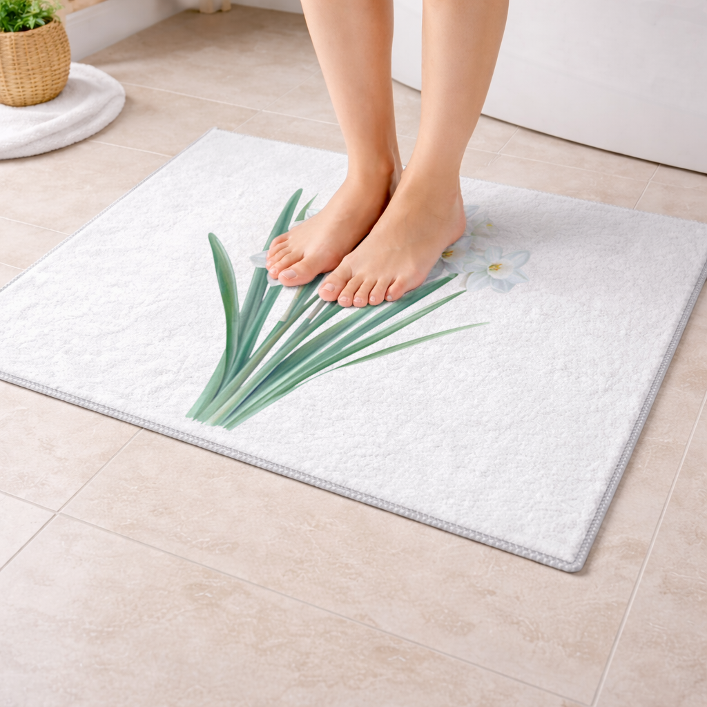 White Daffodil Bouquet Botanical Bath Mat