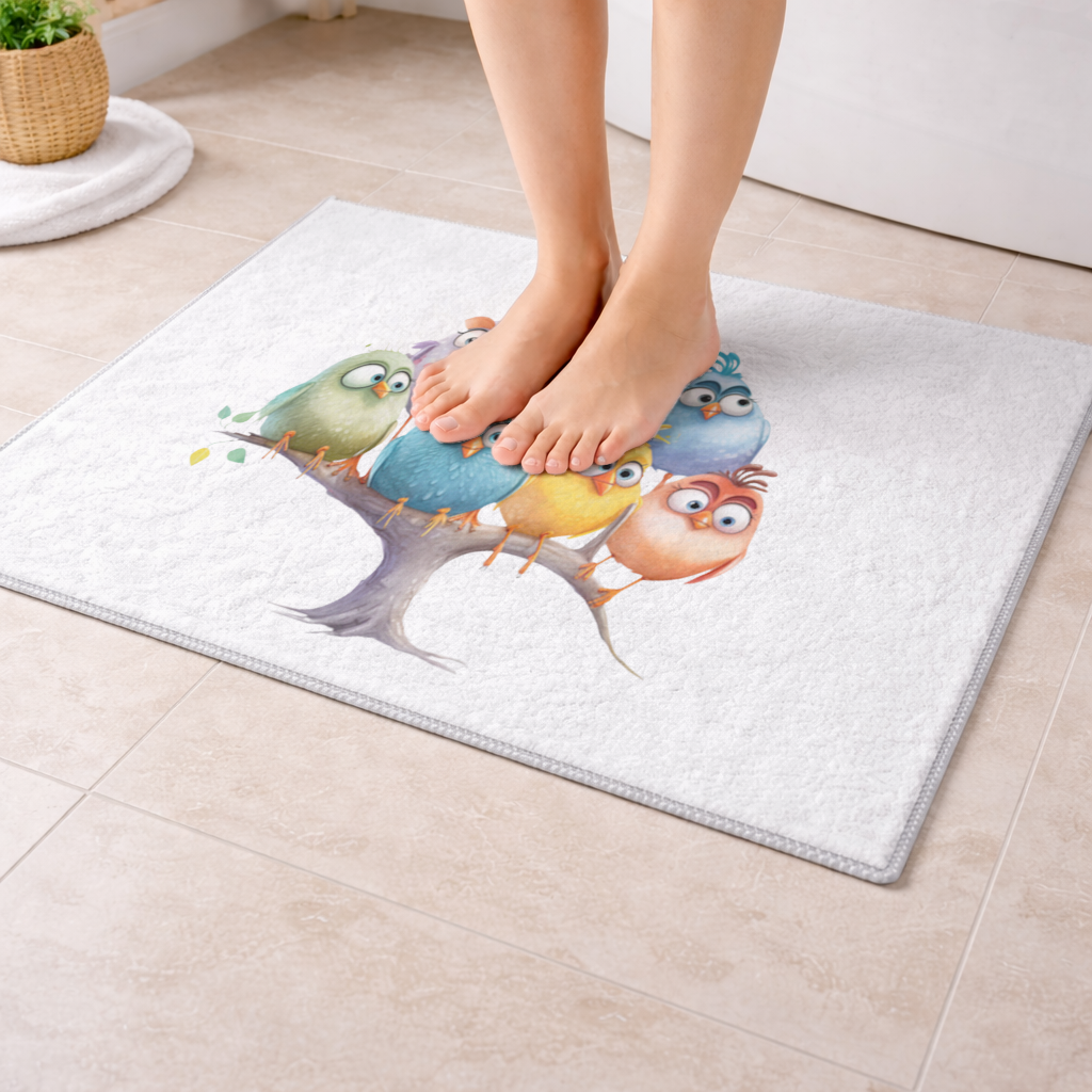 Whimsical Colorful Birds on Branch Bath Mat