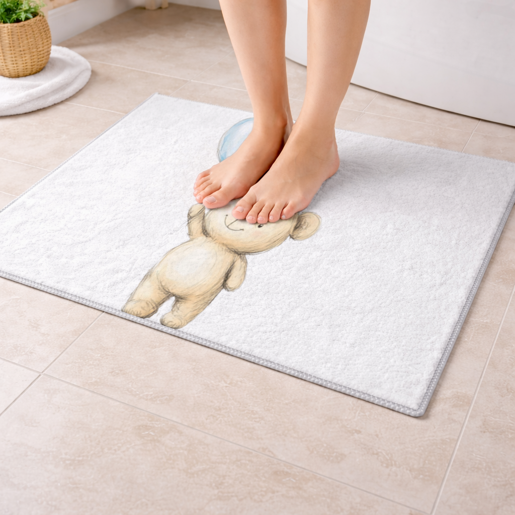 Cute Teddy Bear with Blue Heart Balloon Bath Mat