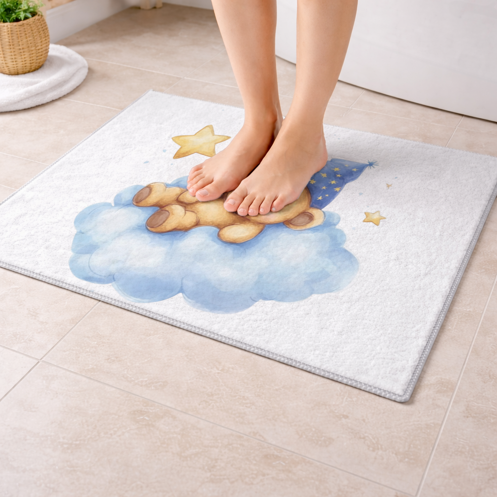 Sleeping Teddy Bear on a Cloud Bath Mat
