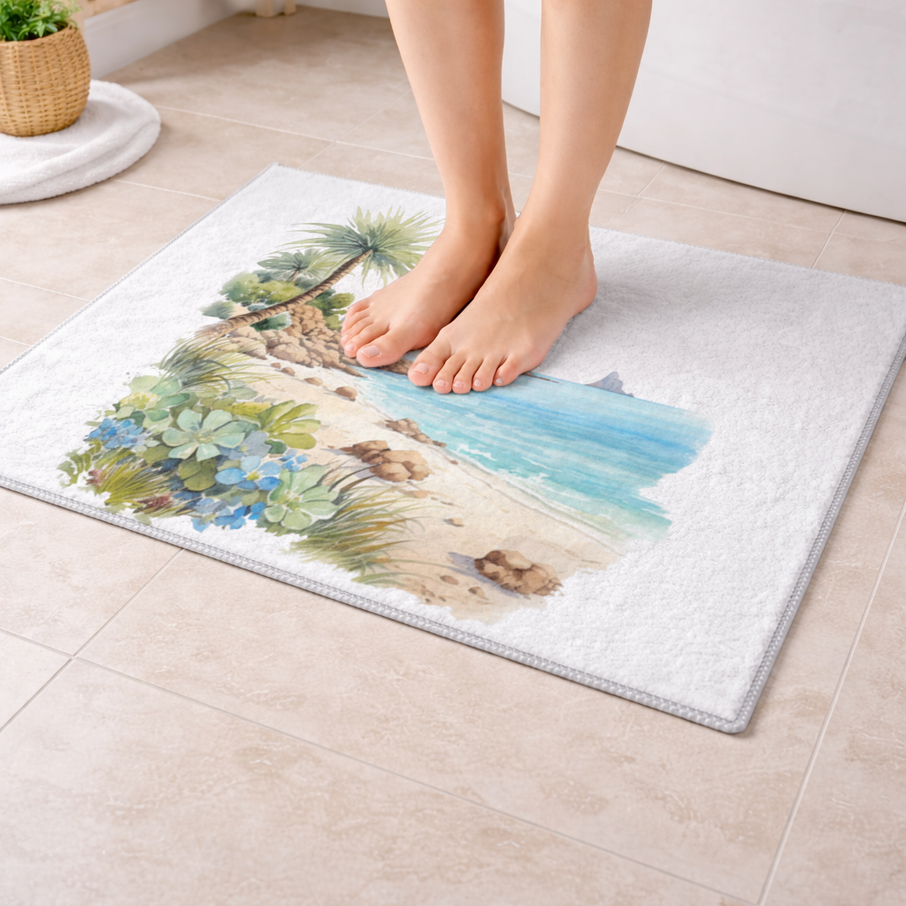 Tropical Palm Tree and Turquoise Sea Bath Mat