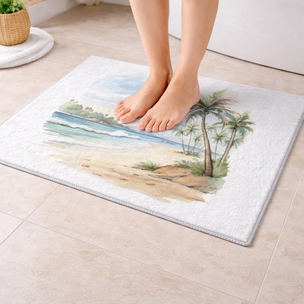 Tropical Palm Tree Beach Bath Mat