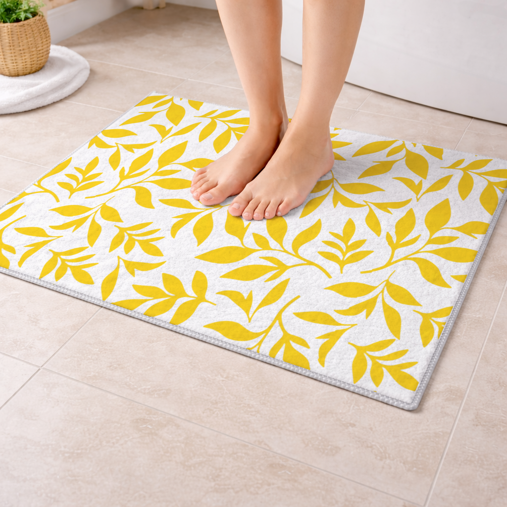 Mustard Yellow Botanical Leaves Bath Mat