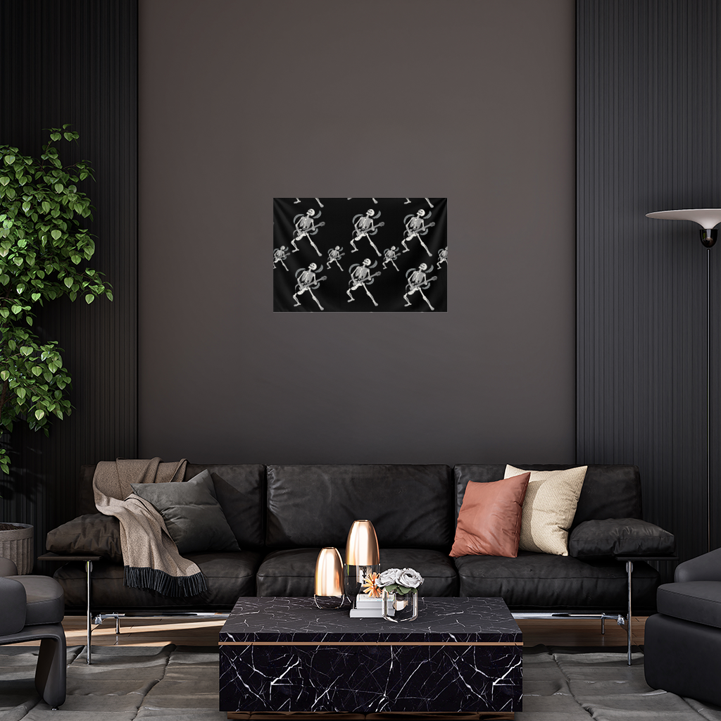 Rock Guitar Playing Skeleton Pattern on Black Wall Tapestry