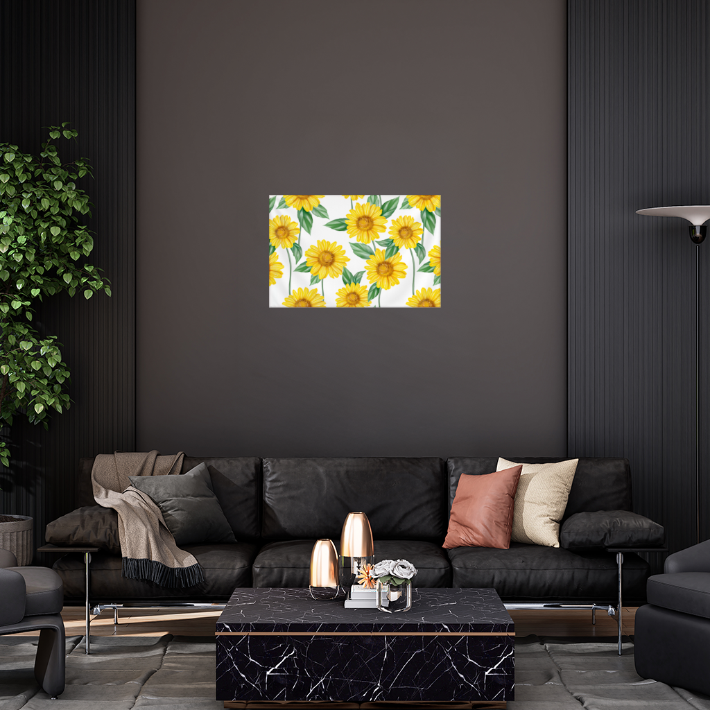 Canlı Sarı Ayçiçeği ve Yeşil Yaprak Desenli İllüstrasyon Duvar Örtüsü
