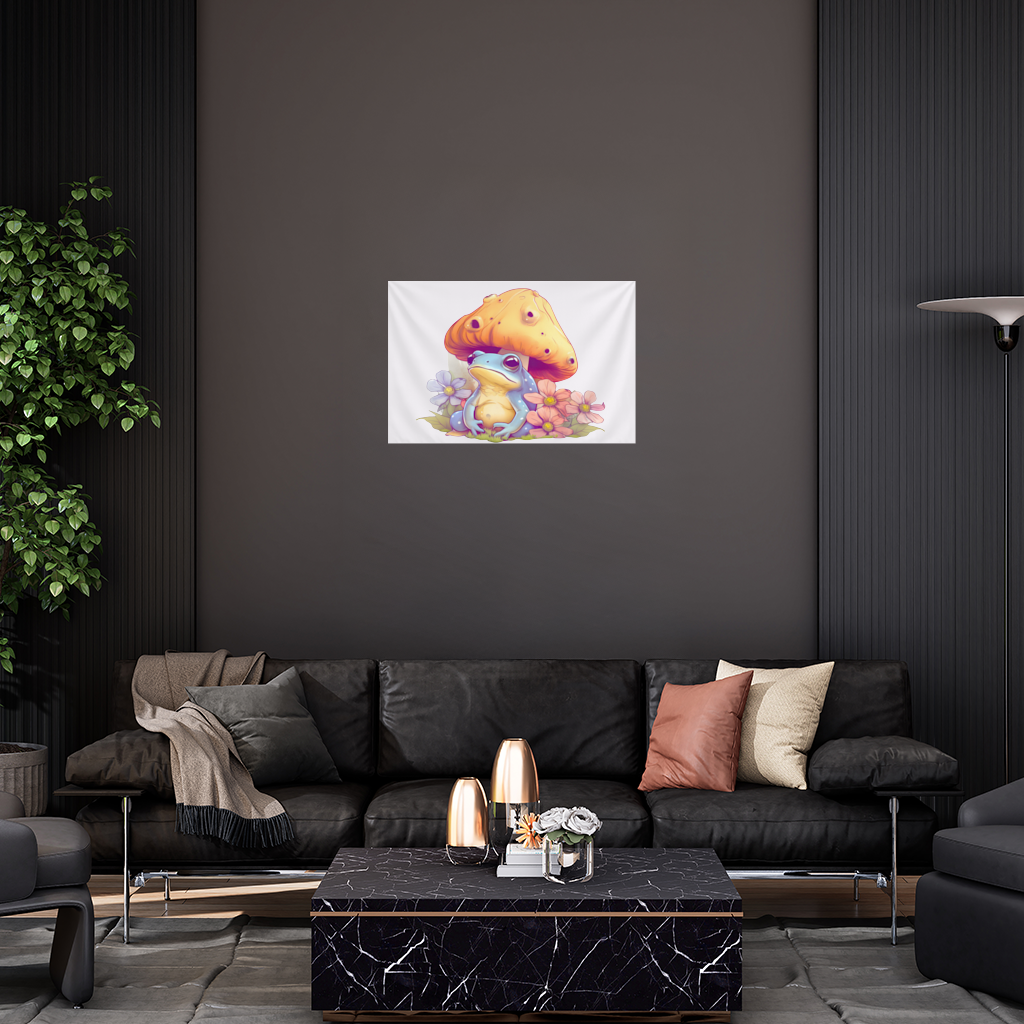 Blue Frog Resting Under Orange Mushroom Wall Tapestry