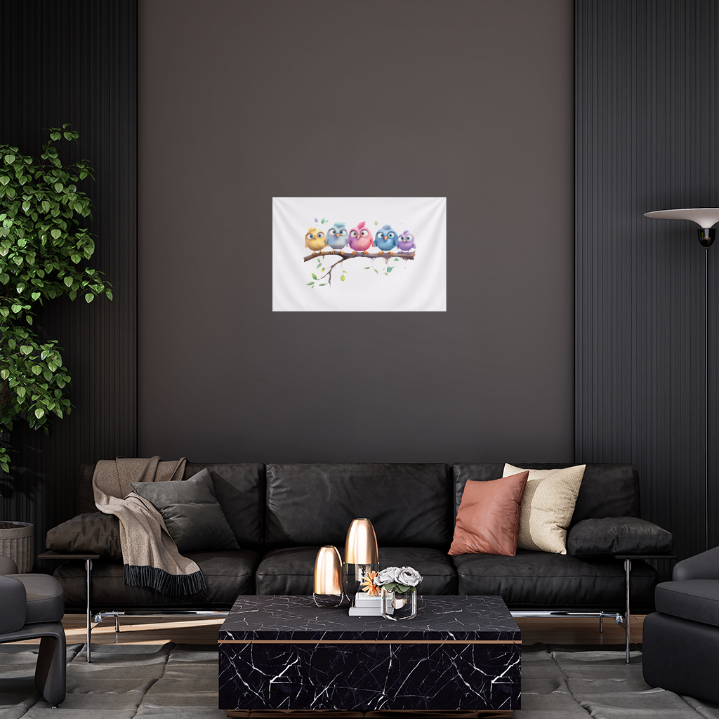 Five Colorful Kawaii Birds on Branch Wall Tapestry