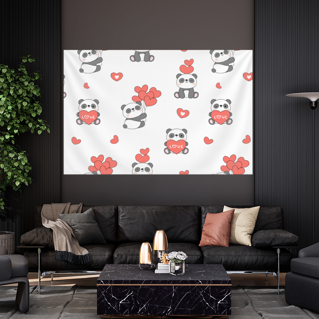 14 Şubat Sevimli Panda Kalp Desenli Aşk Tasarımı Duvar Örtüsü