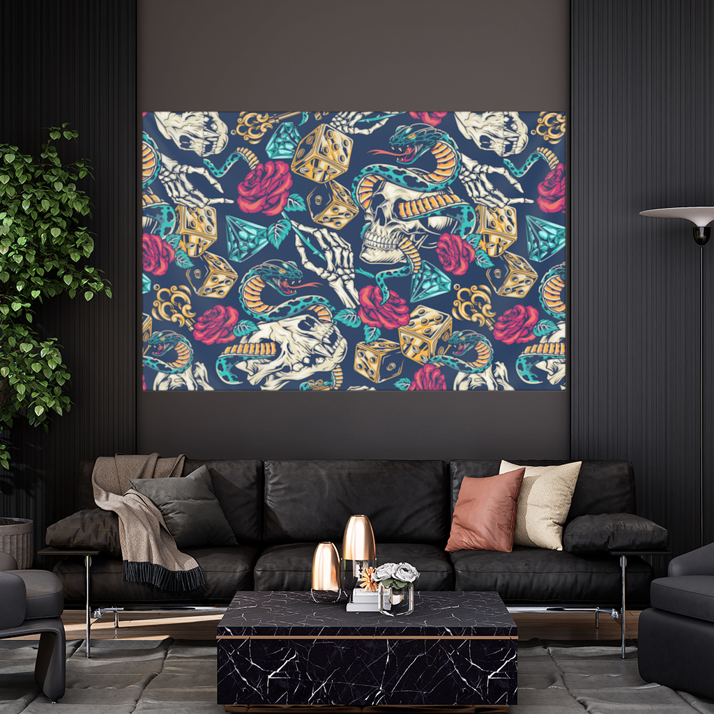 Skull Snake Dice and Roses Pattern Wall Tapestry