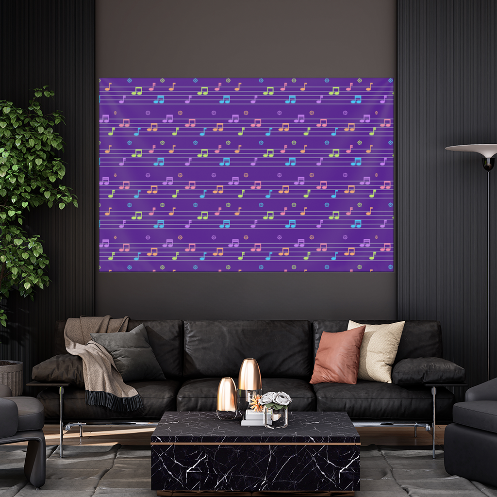 Renkli Müzik Notaları ve Modern Geometrik Desen Duvar Örtüsü