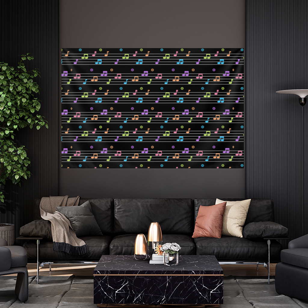 Vibrant Neon Music Notes and Rhythm Seamless Pattern Wall Tapestry