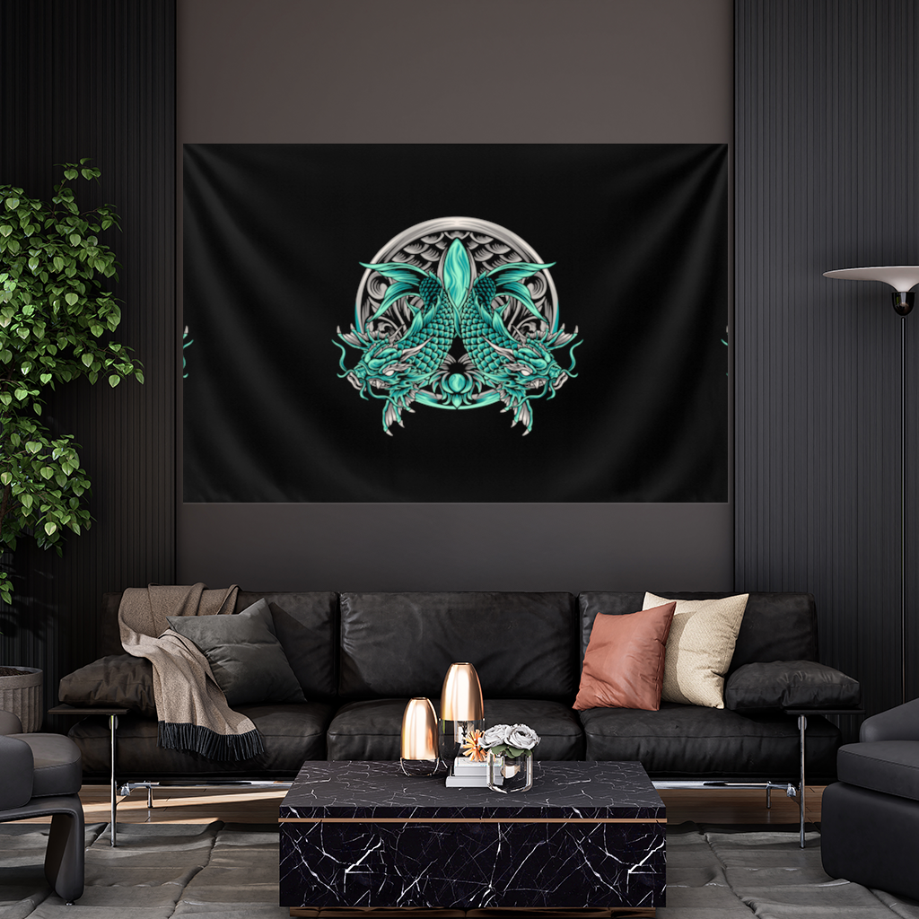 Turquoise Twin Dragon Emblem Design Wall Tapestry