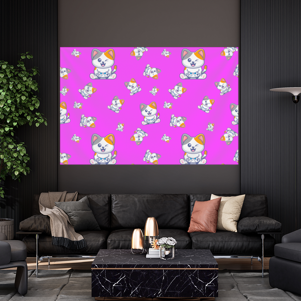 Pembe Zemin Üzerinde Sevimli Çizgi Kedi Deseni Duvar Örtüsü