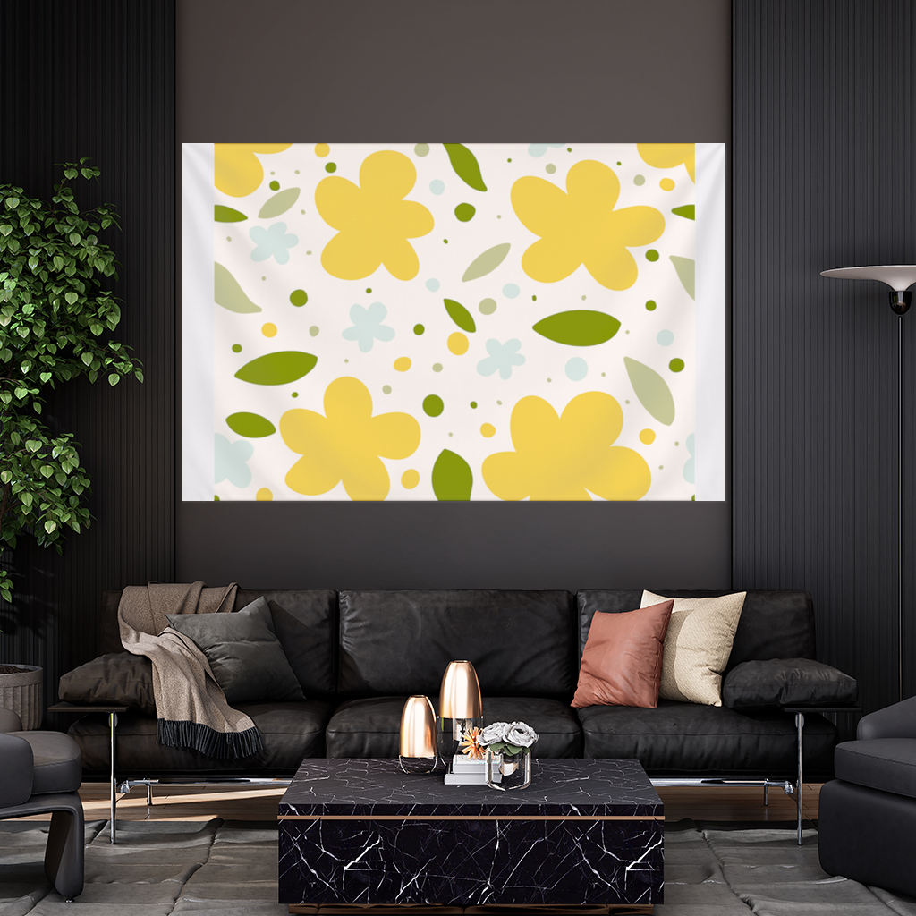 Sarı Çiçekli ve Yapraklı Boho Tarzı Dikişsiz Desen Duvar Örtüsü