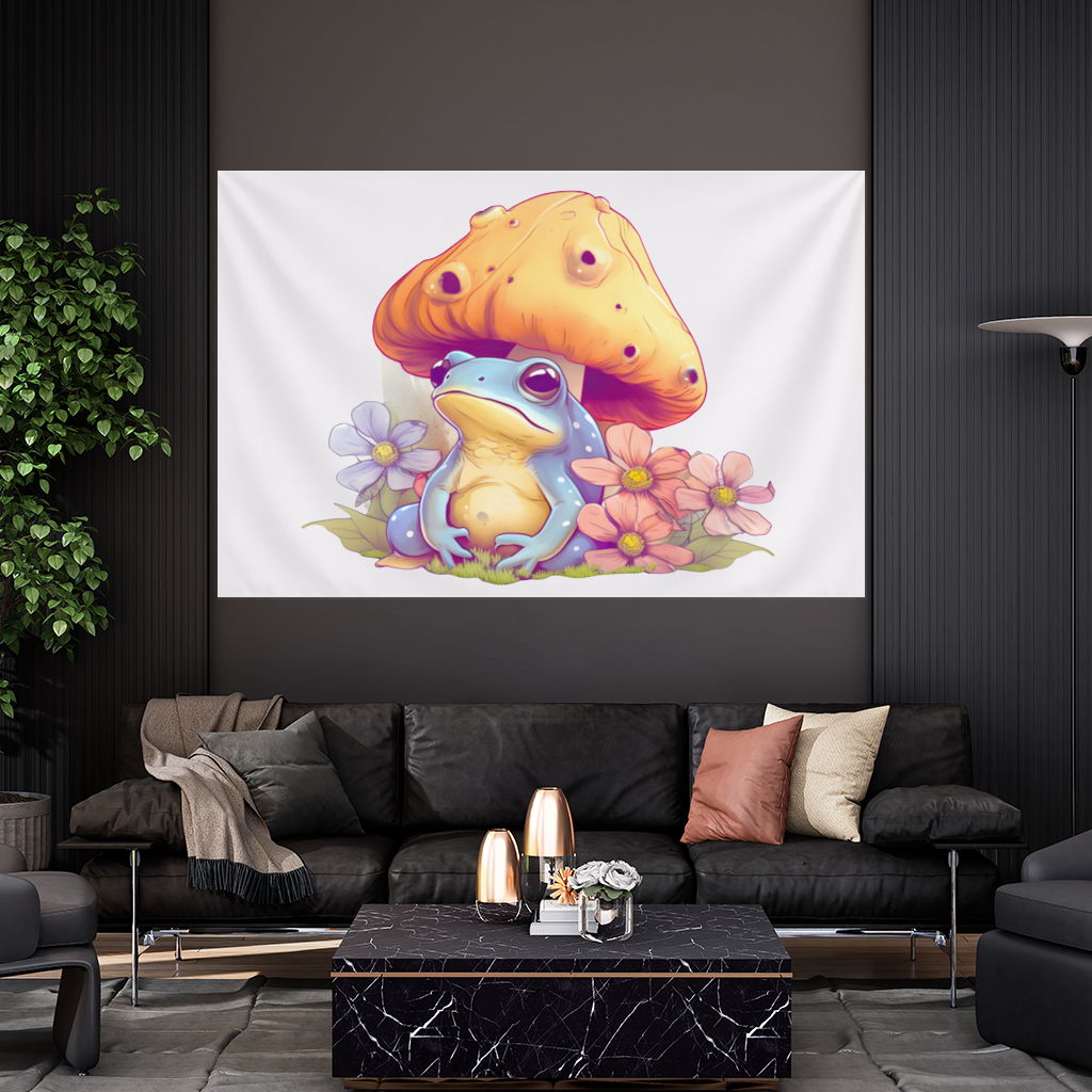 Blue Frog Resting Under Orange Mushroom Wall Tapestry