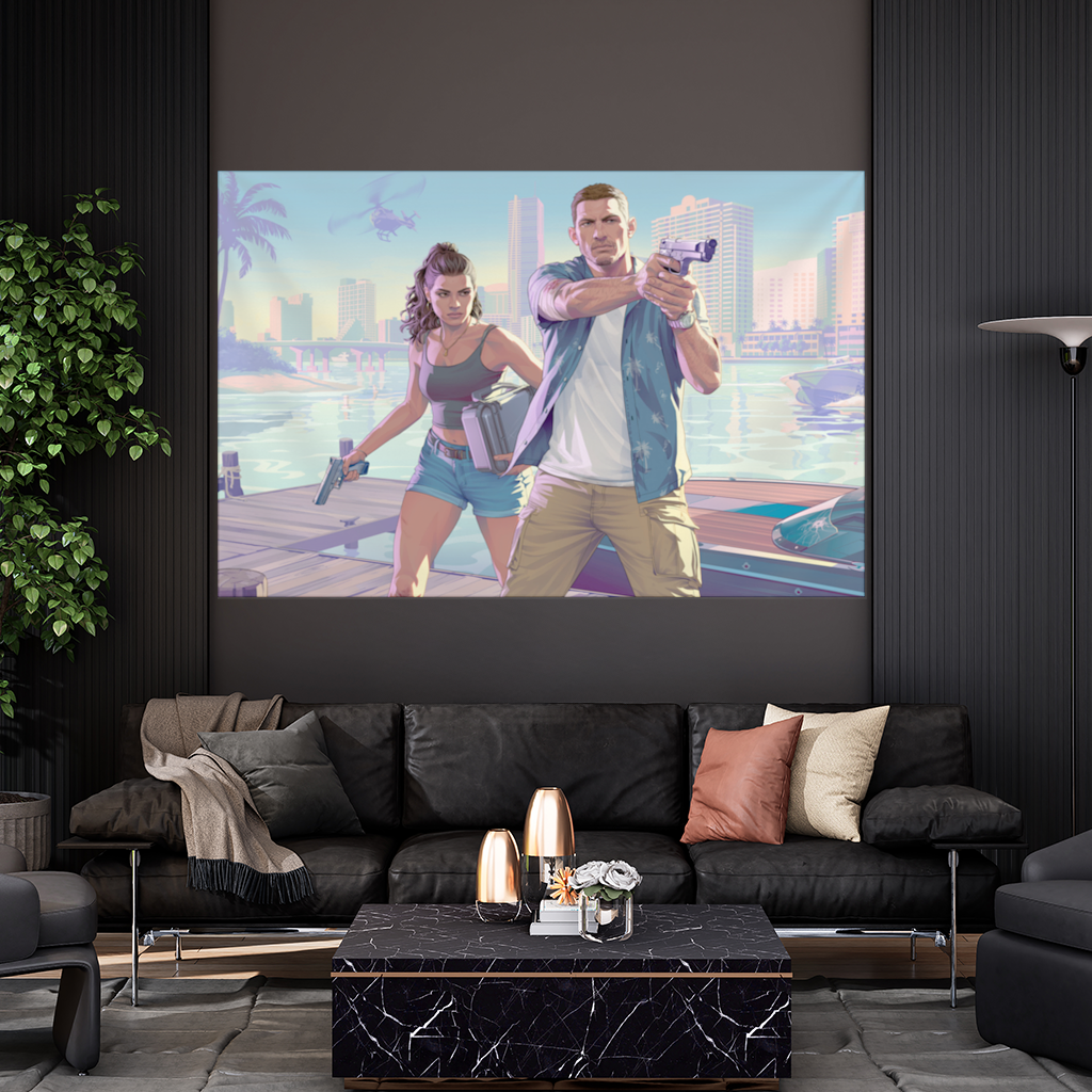 Vice City Showdown Tropical Heist Duo Wall Tapestry