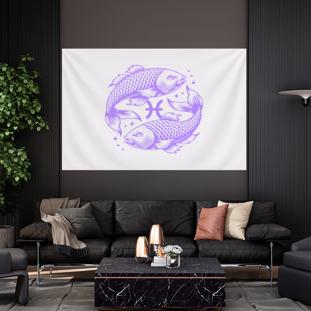Pisces Zodiac Symbol with Purple Fish Art Wall Tapestry