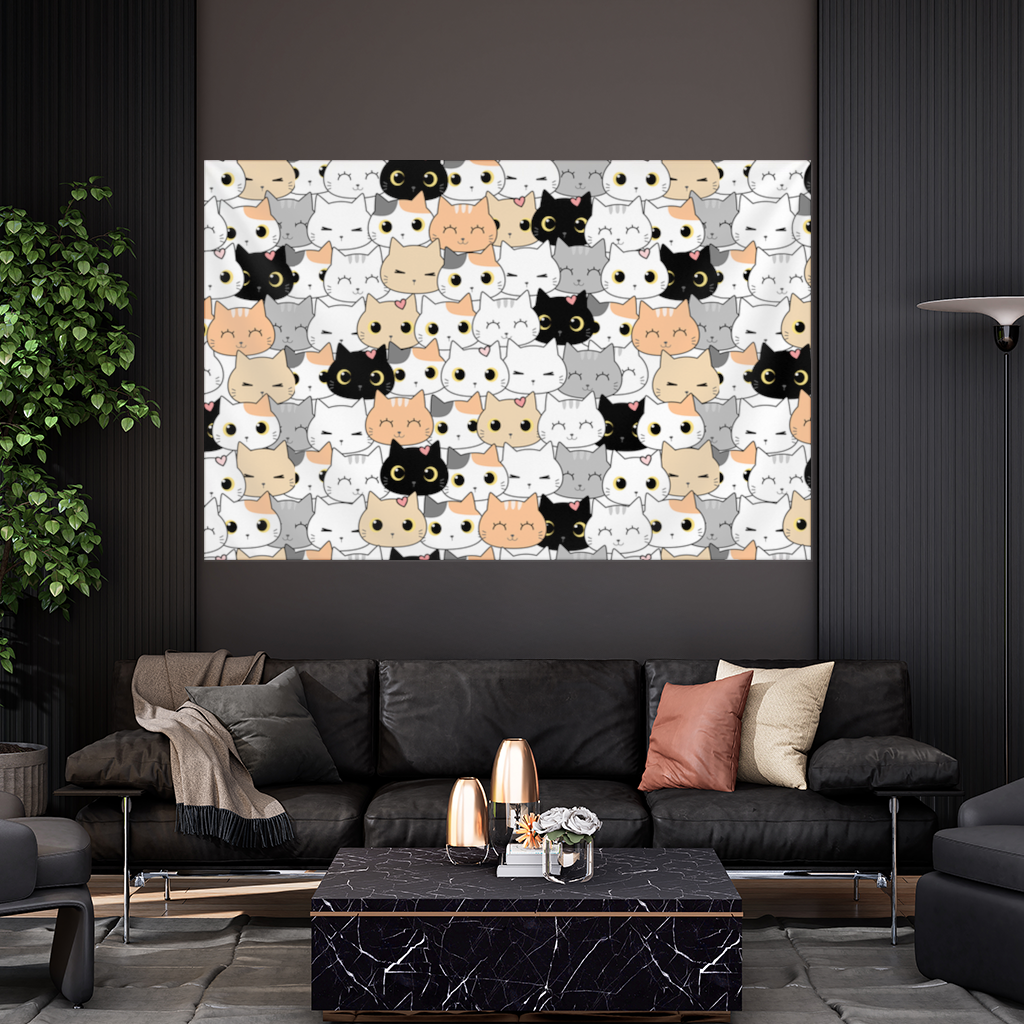 Renkli ve Sevimli Kedi Suratları Deseni Duvar Örtüsü