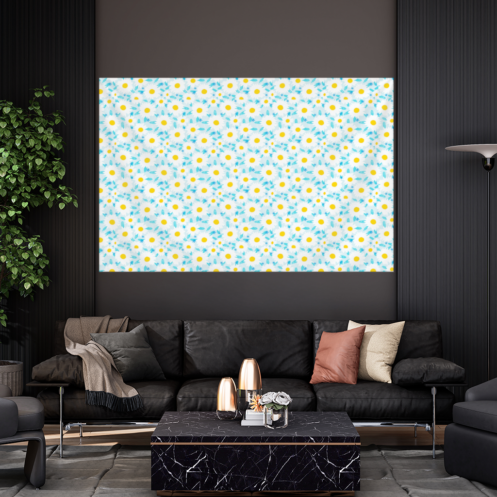 Daisy Garden and Turquoise Leaves Pattern Wall Tapestry