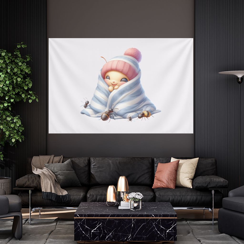 Kawaii Baby Bee in Pink Beanie Wall Tapestry