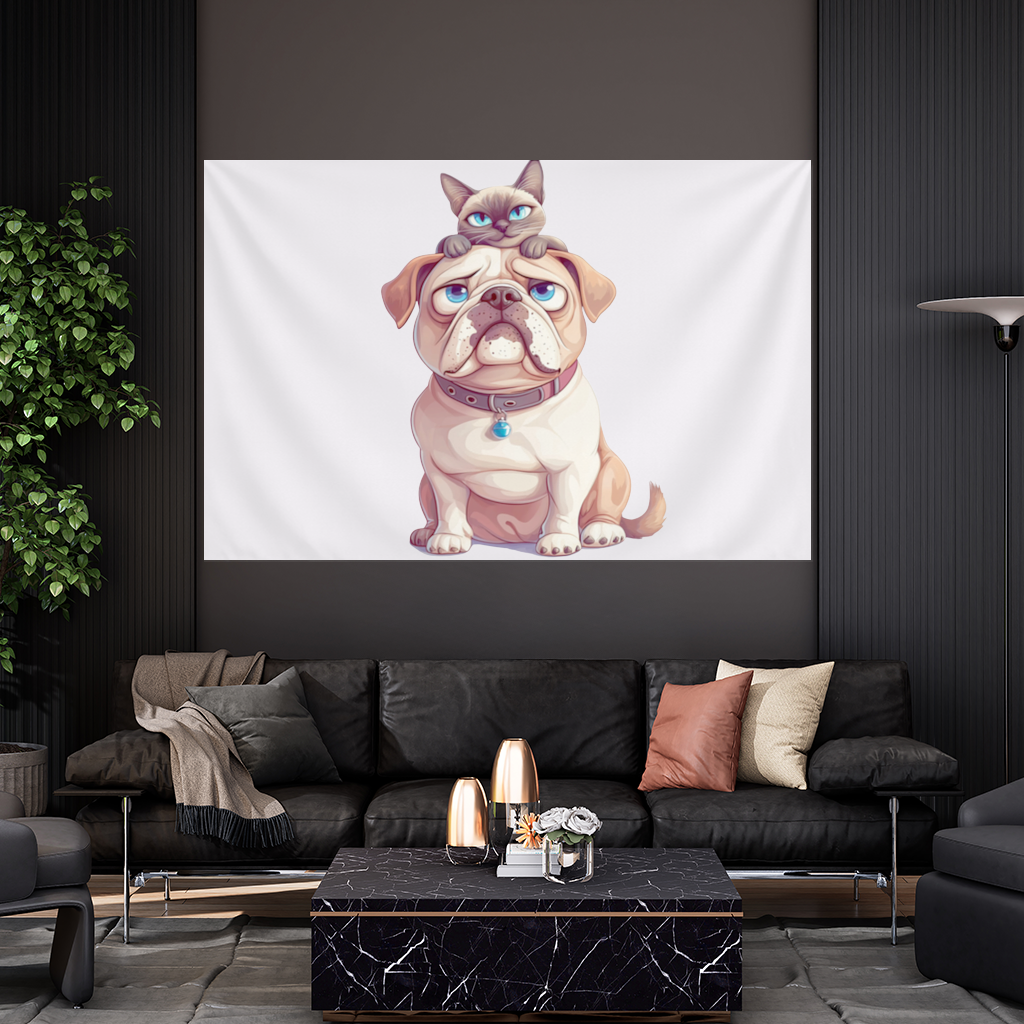 Siyam Kedisi ve Üzgün Pug Köpeği Duvar Örtüsü