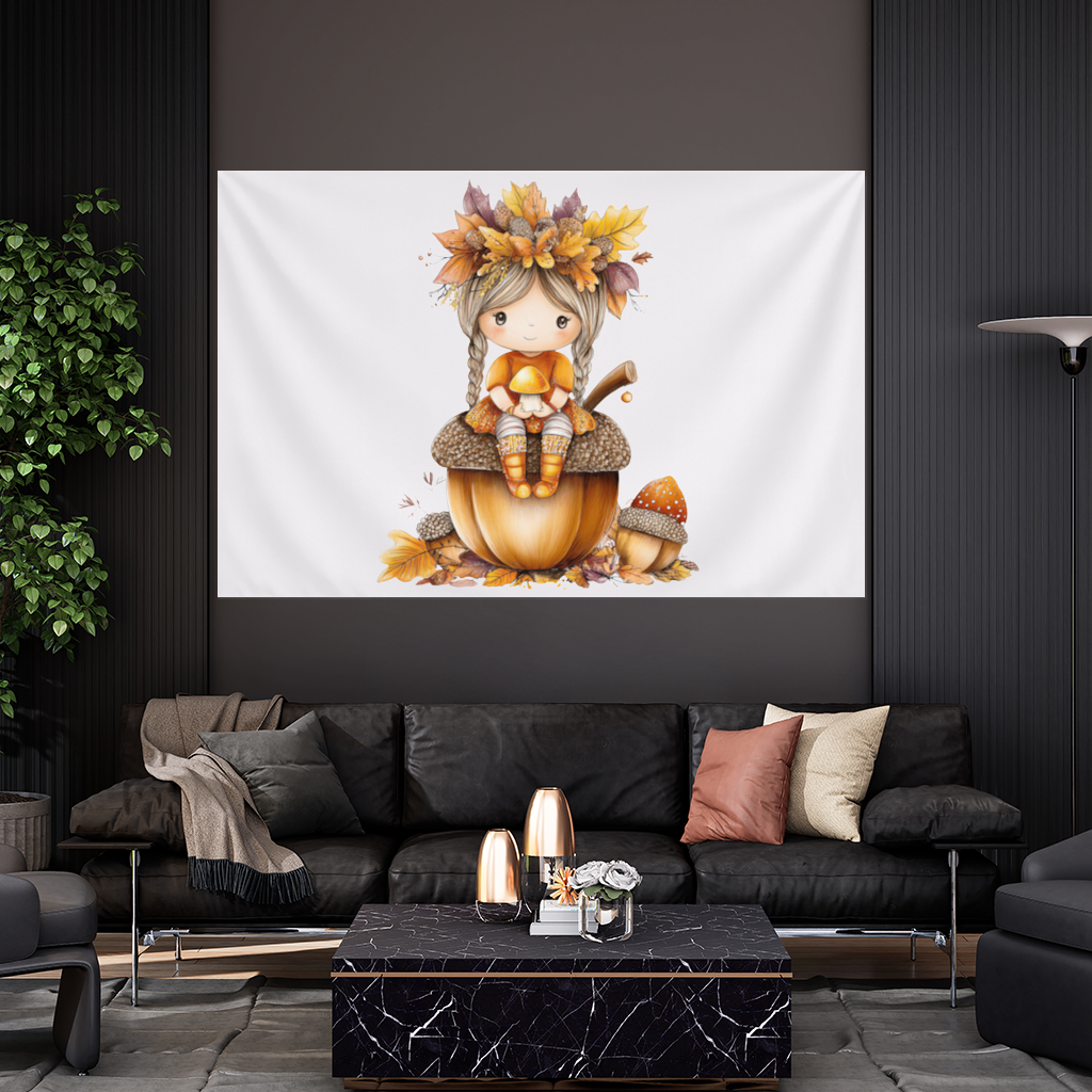 Autumn Acorn Mushroom Girl Wall Tapestry