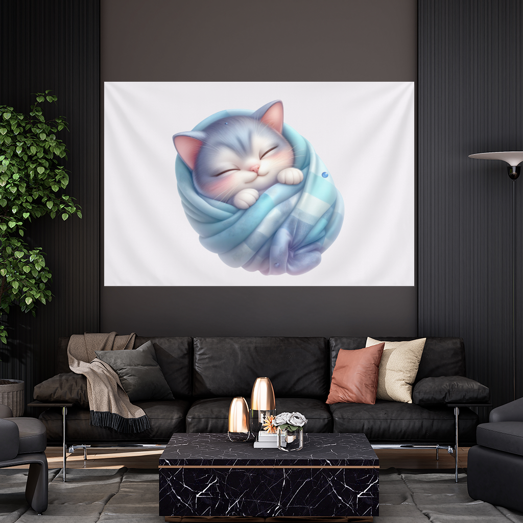 Kawaii Mavi Battaniyeli Uyuyan Kedi Duvar Örtüsü