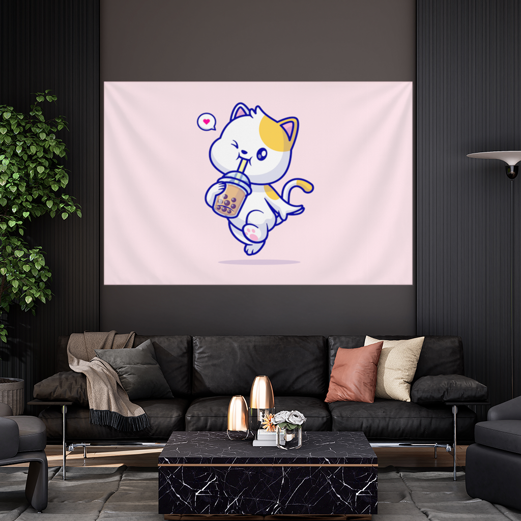 Kawaii Cat Drinking Boba Tea Wall Tapestry