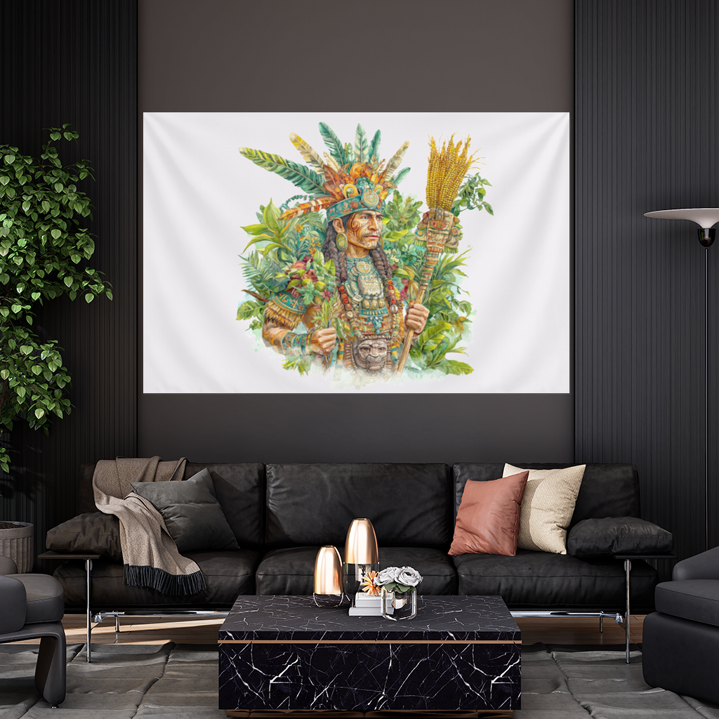 Mayan Maize Priest with Feather Headdress Wall Tapestry