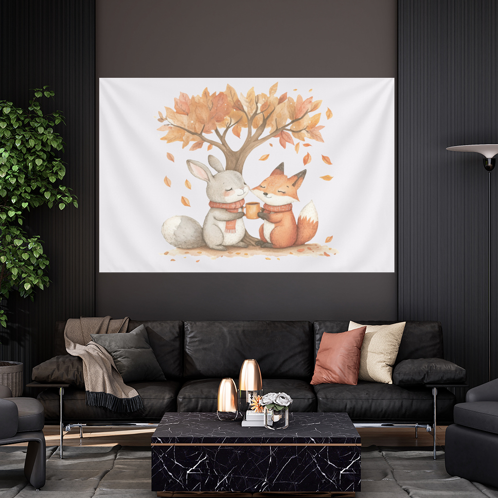 Cozy Autumn Fox and Rabbit Wall Tapestry