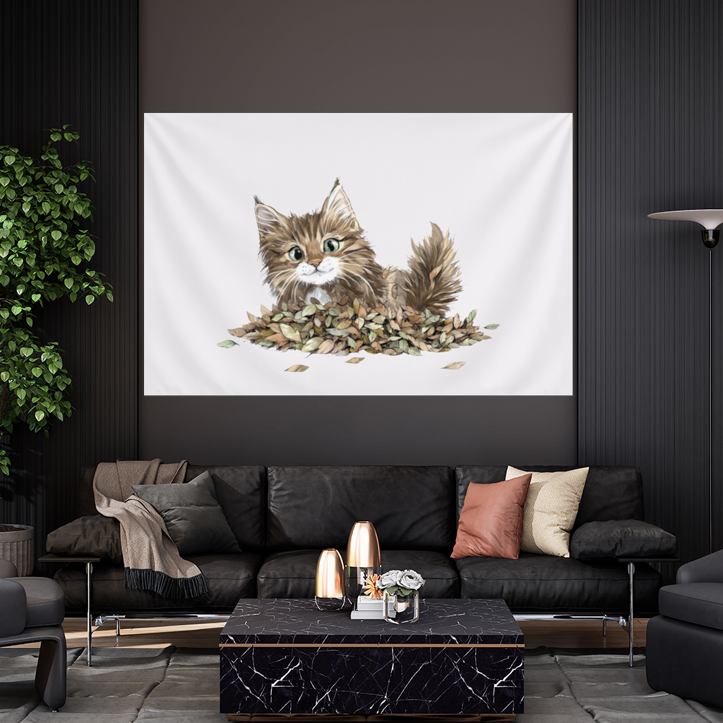 Cute Fluffy Kitten in Autumn Leaves Wall Tapestry