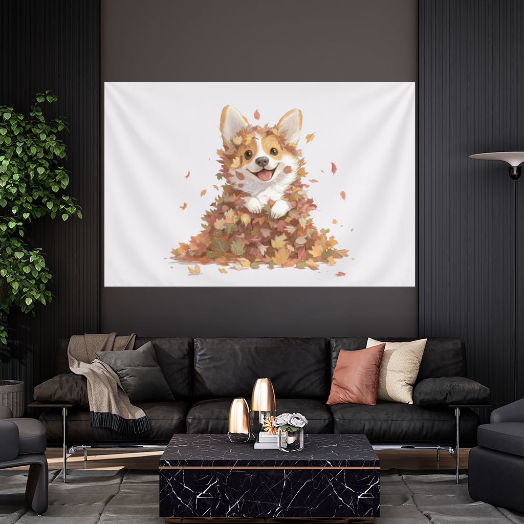 Happy Corgi Puppy in Fall Leaves Wall Tapestry