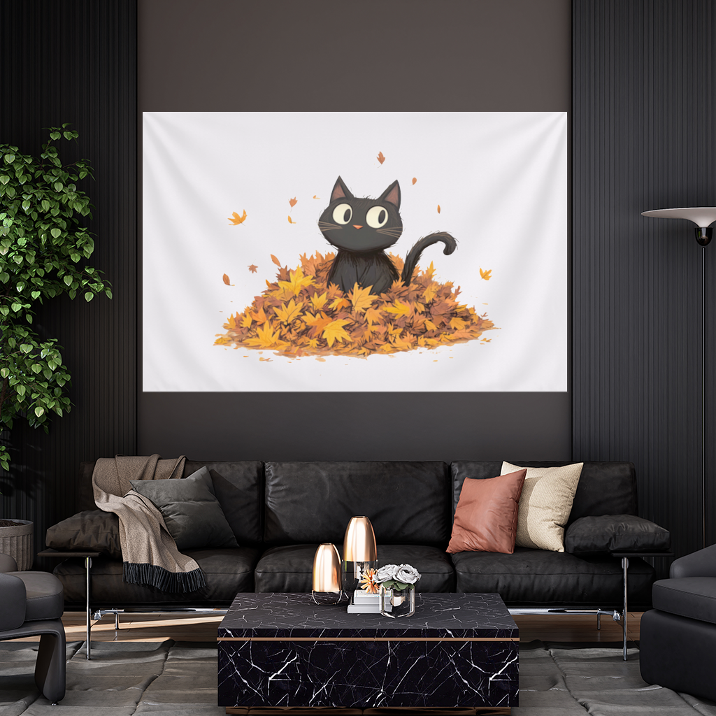 Sonbahar Yapraklarında Sevimli Siyah Kedi Duvar Örtüsü