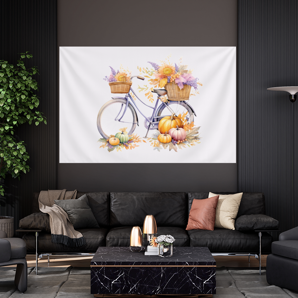 Lavender Autumn Bicycle with Pumpkins Wall Tapestry