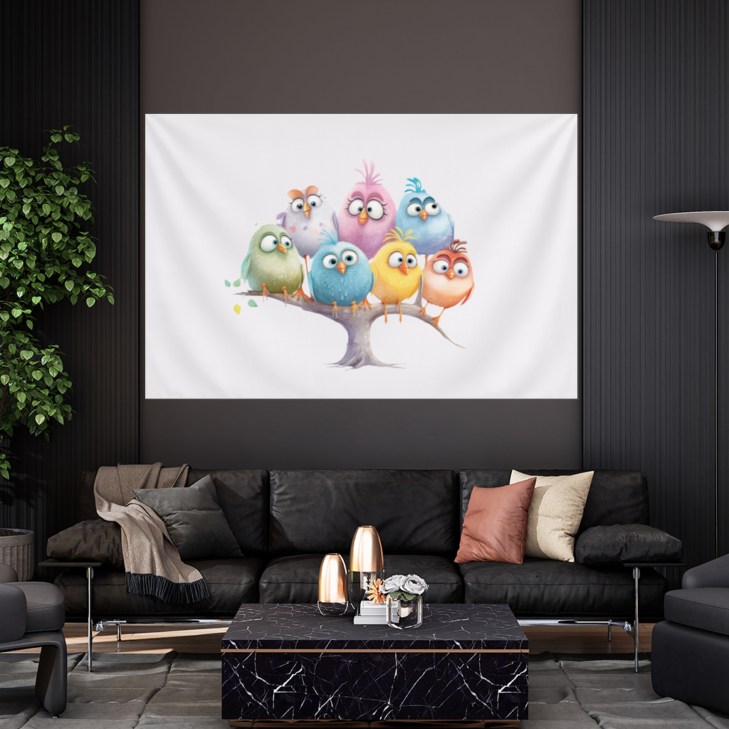 Whimsical Colorful Birds on Branch Wall Tapestry