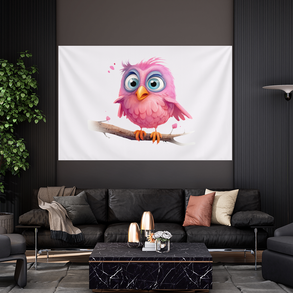 Cute Pink Bird with Large Blue Eyes Wall Tapestry