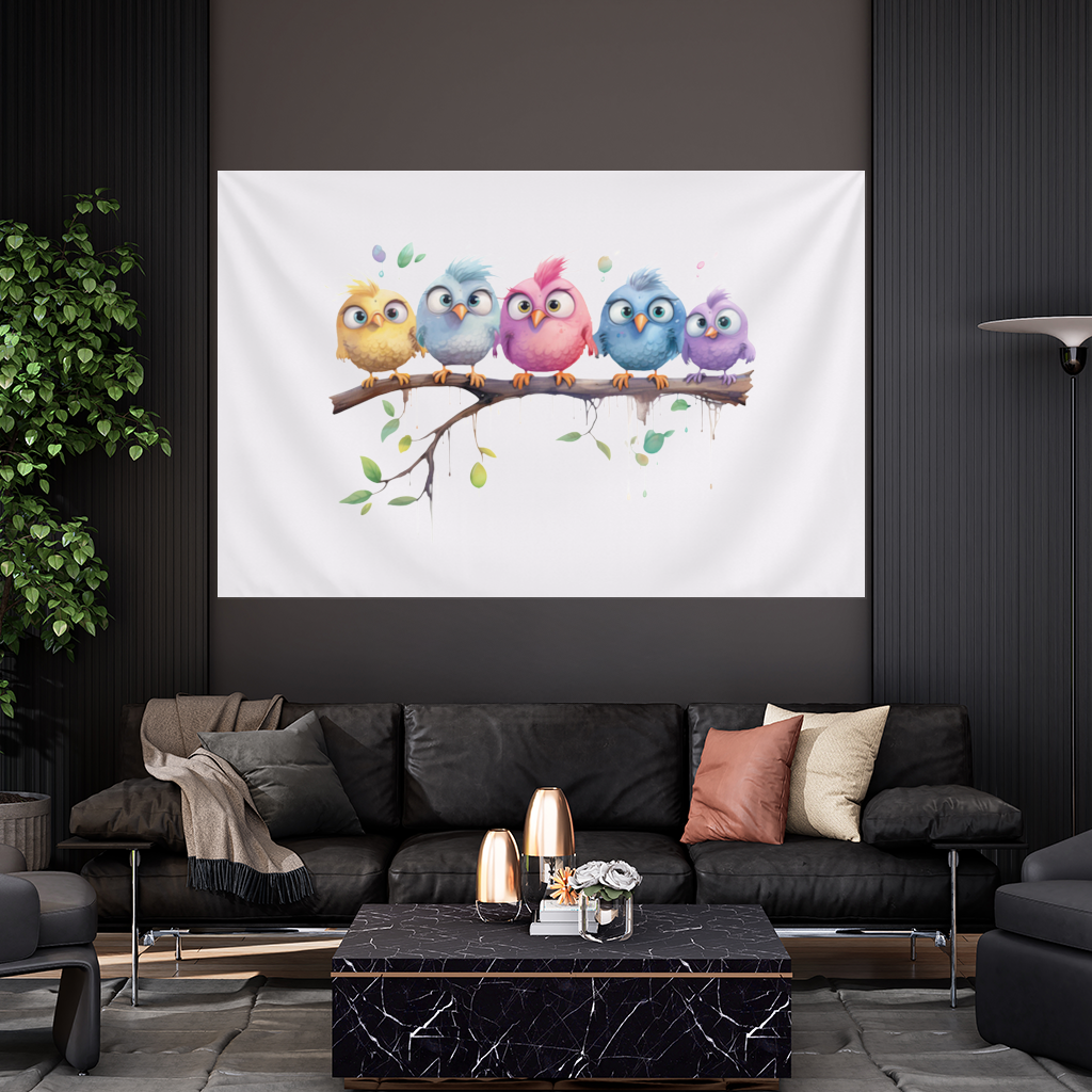 Daldaki Beş Renkli Kawaii Kuş Duvar Örtüsü
