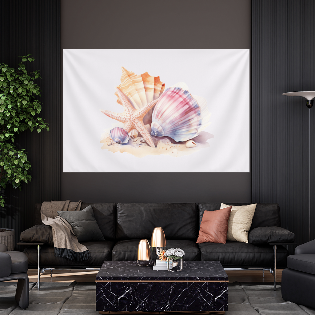Watercolor Coastal Seashells Wall Tapestry