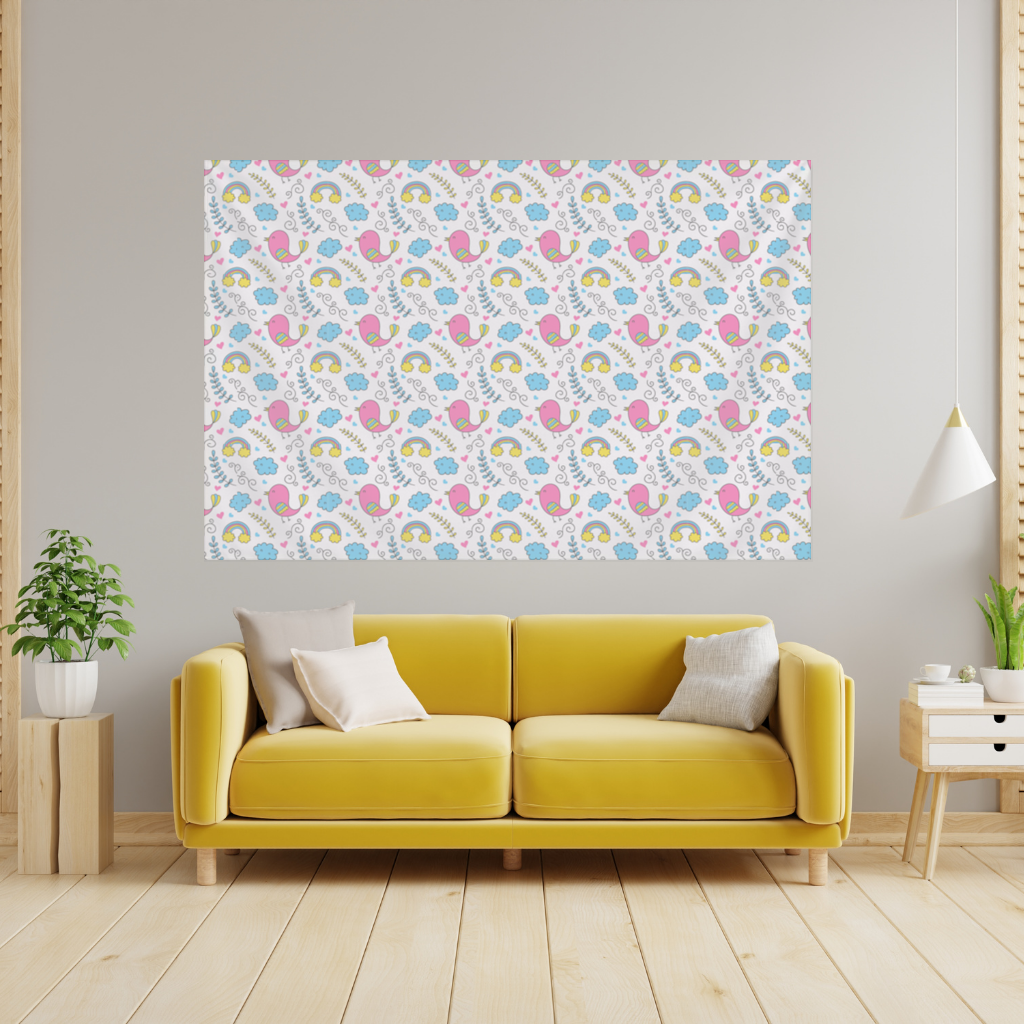 Cute Pink Bird and Rainbow Kids Pattern Wall Tapestry