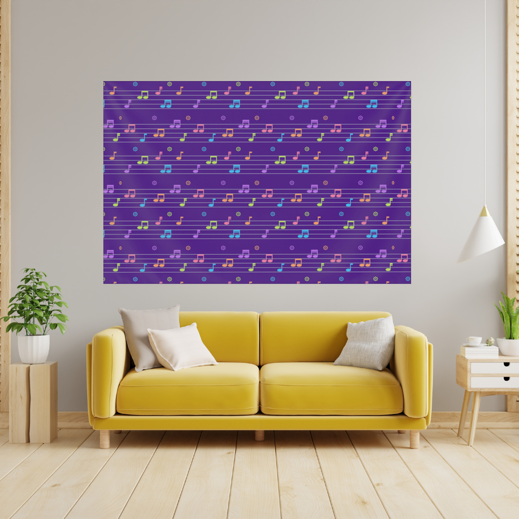 Renkli Müzik Notaları ve Modern Geometrik Desen Duvar Örtüsü