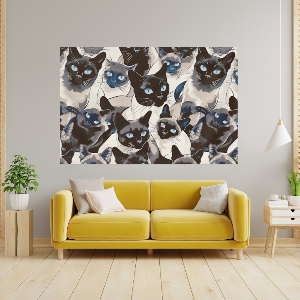 Blue Eyed Siamese Cat Elegant Illustration Pattern Wall Tapestry