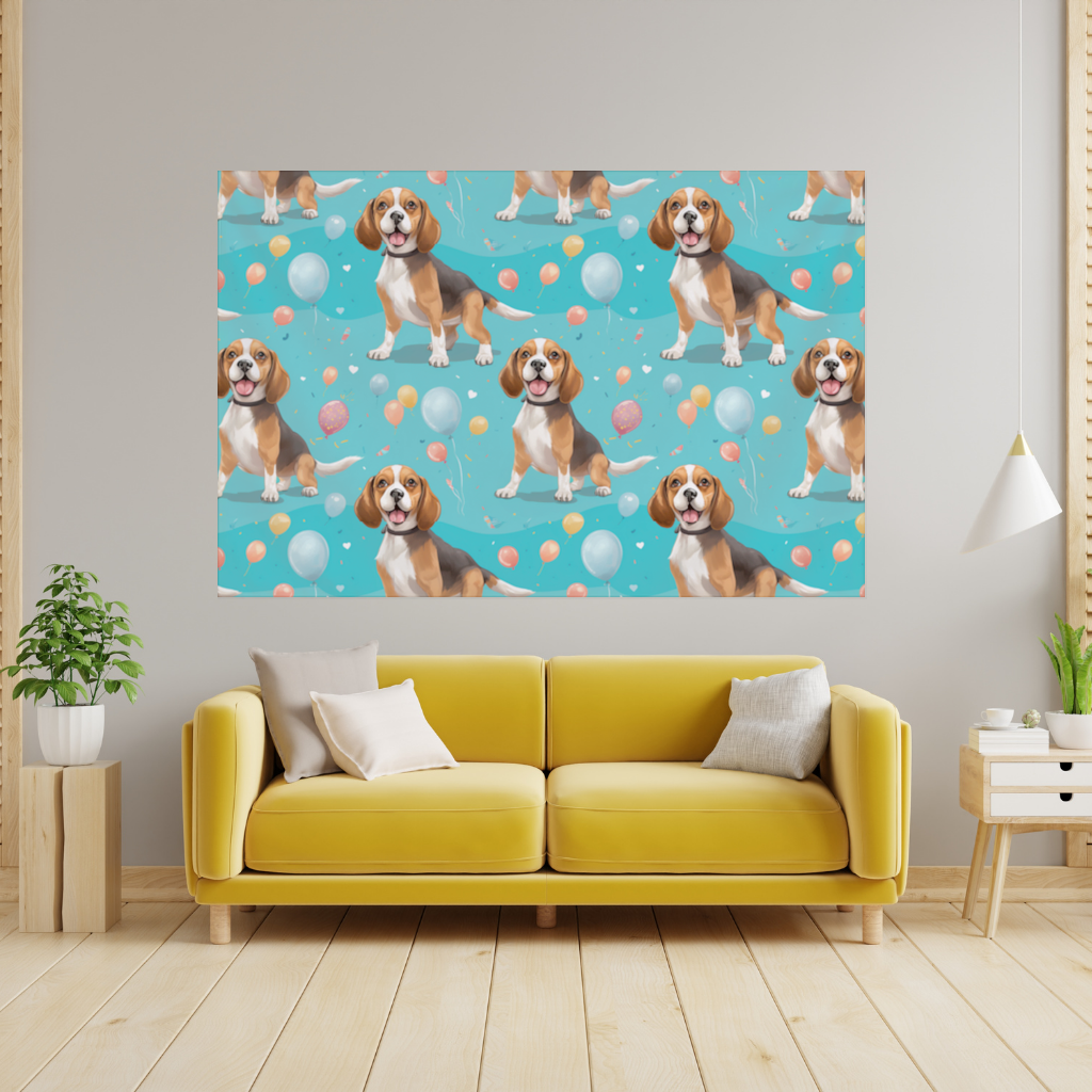 Sevimli Beagle Köpek ve Renkli Balonlar Desenli Tasarım Duvar Örtüsü