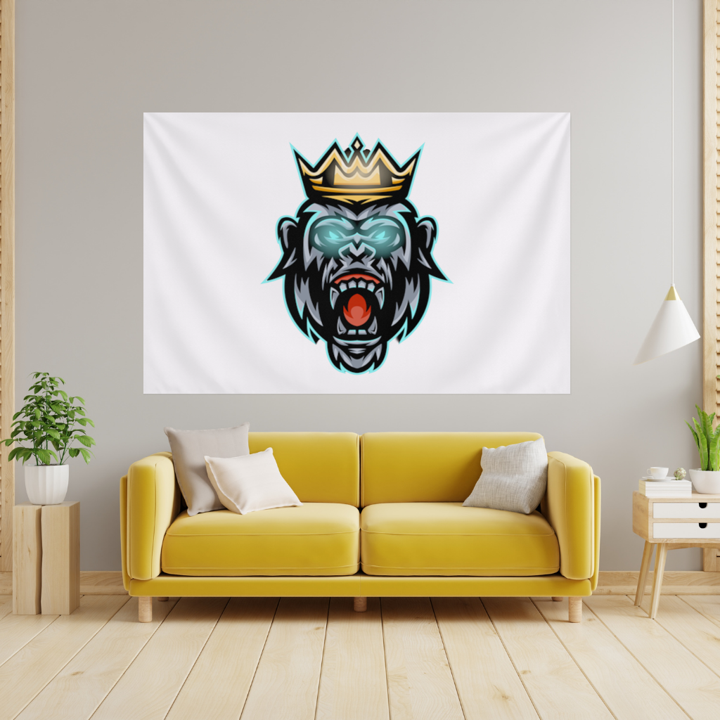 Angry Gorilla King with Crown Graphic - Neon Mascot Design Wall Tapestry